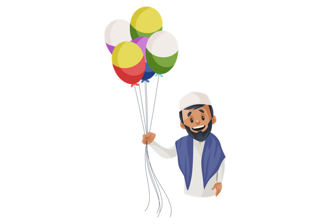 Muslim man is holding balloons in hand  Illustration