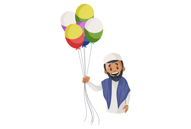 Muslim man is holding balloons in hand  Illustration