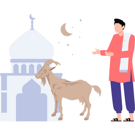 Muslim man is looking at the goat  Illustration