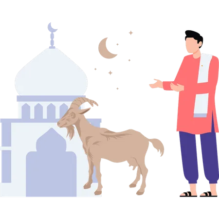 Muslim man is looking at the goat  Illustration