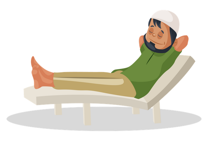 Muslim man is sitting on the pool chair and relaxing  Illustration
