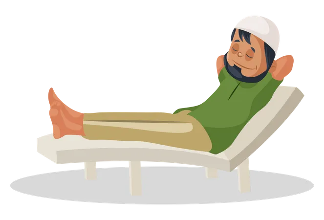 Muslim man is sitting on the pool chair and relaxing  Illustration