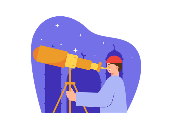 Muslim man looking at moon through telescope  일러스트레이션