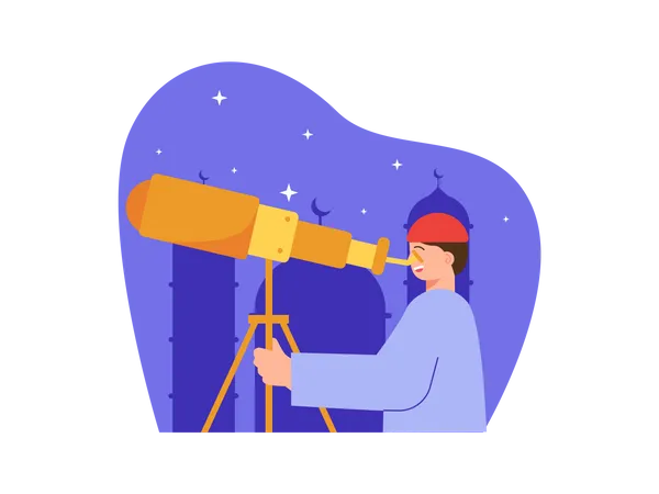 Muslim man looking at moon through telescope  Illustration