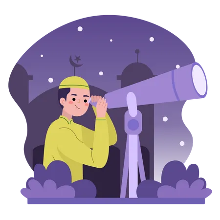 Muslim man looking for hilal at night sky with telescope Illustration