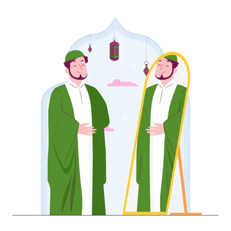 Muslim man looking in mirror  Illustration