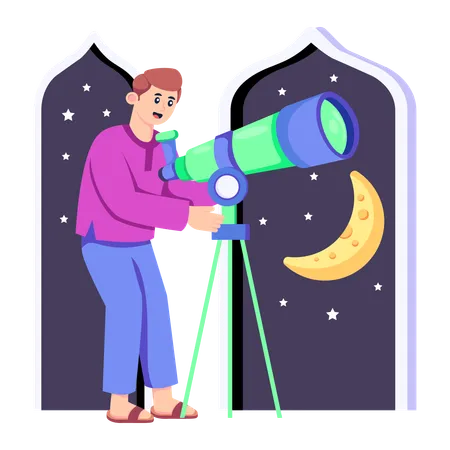 Muslim man Looking In Telescope  Illustration