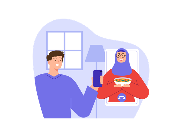 Muslim man meeting with wife on video call  Illustration