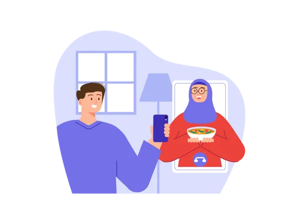 Muslim man meeting with wife on video call  Illustration