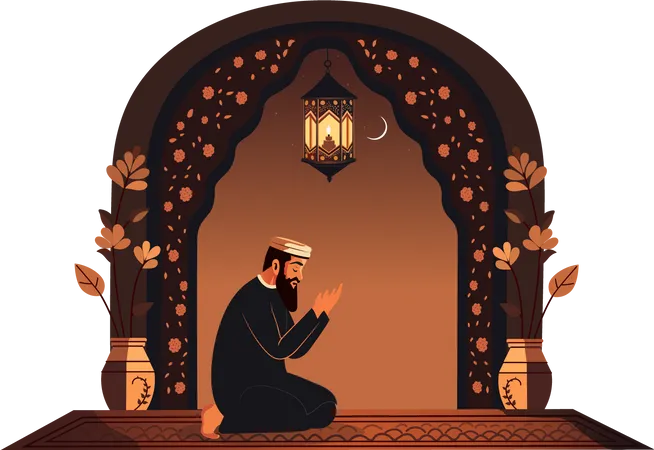 Muslim Man Offering Namaz on Mat  イラスト