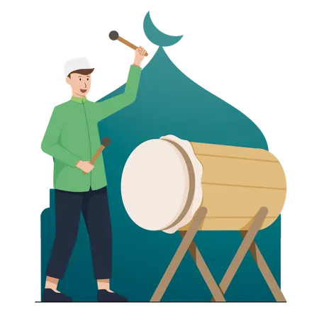 Muslim man play bedug drum  Illustration