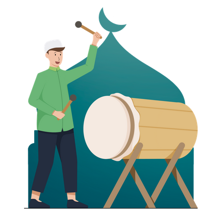 Muslim man play bedug drum  Illustration