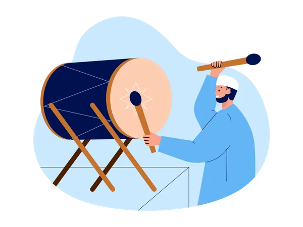 Muslim man playing bedug  イラスト