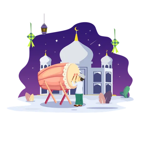 Happy People Muslim Celebrate Ramadan Kareem With Bedug Or Drum Vector Illustration Illustration