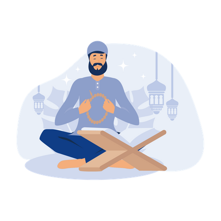 Muslim man praying and readquran  Illustration