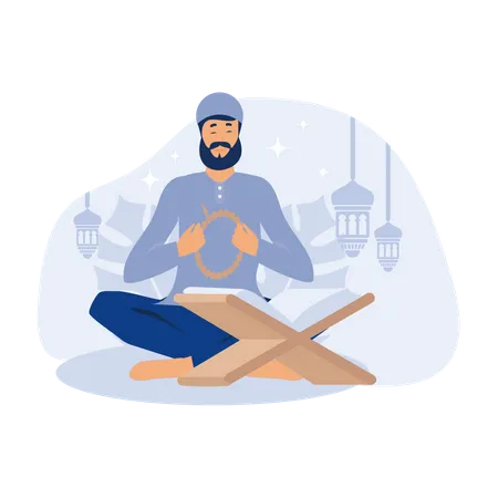 Muslim man praying and readquran  Illustration