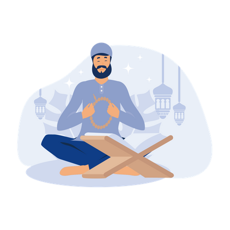 Muslim man praying and readquran  일러스트레이션