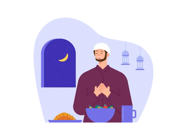 Muslim man praying before meal  Illustration