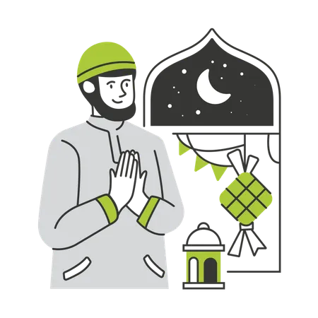 Muslim Man Praying During Ramadan Night Character Illustration Illustration