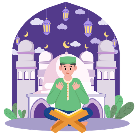 Muslim man praying from Holy Quran  Illustration