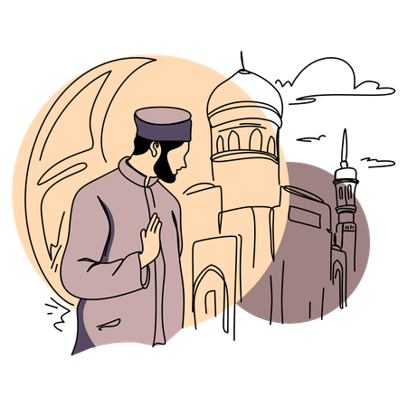 Muslim man praying near mosque  Illustration