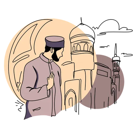 Muslim man praying near mosque  Illustration