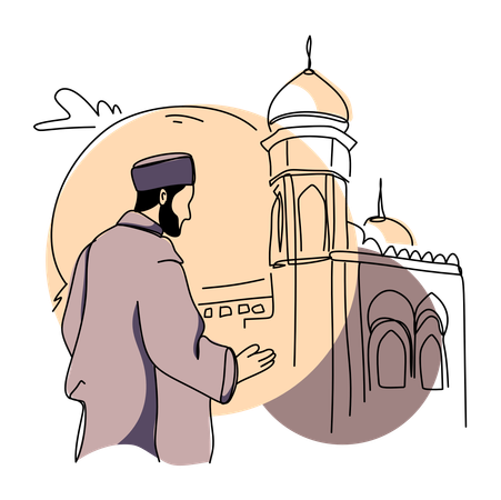 Muslim man praying near mosque  Illustration