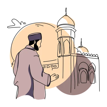 Muslim man praying near mosque  Illustration