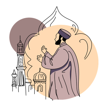 Muslim man praying near mosque  Illustration