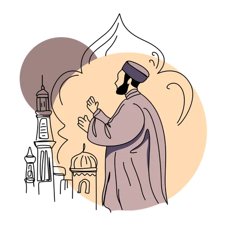 Muslim man praying near mosque  Illustration