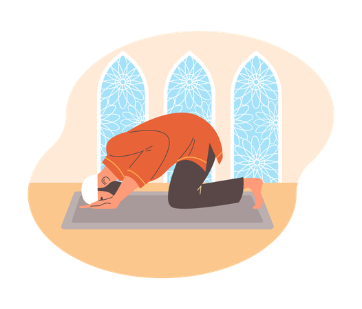 Muslim man praying on knees in mosque  Illustration