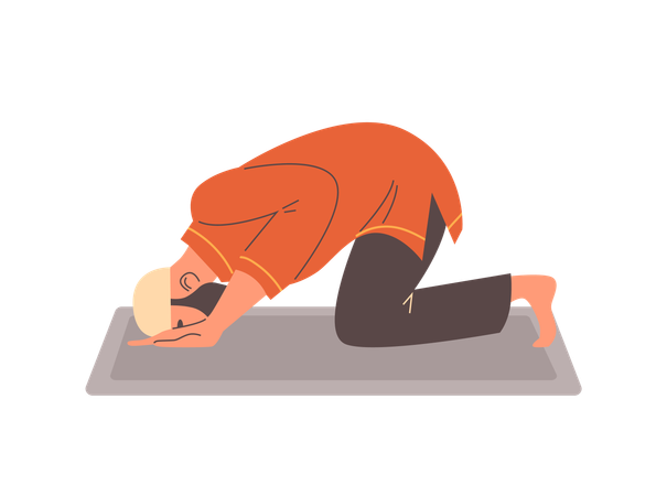 Muslim man praying on knees on rug  Illustration