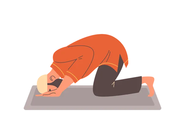Muslim man praying on knees on rug  Illustration