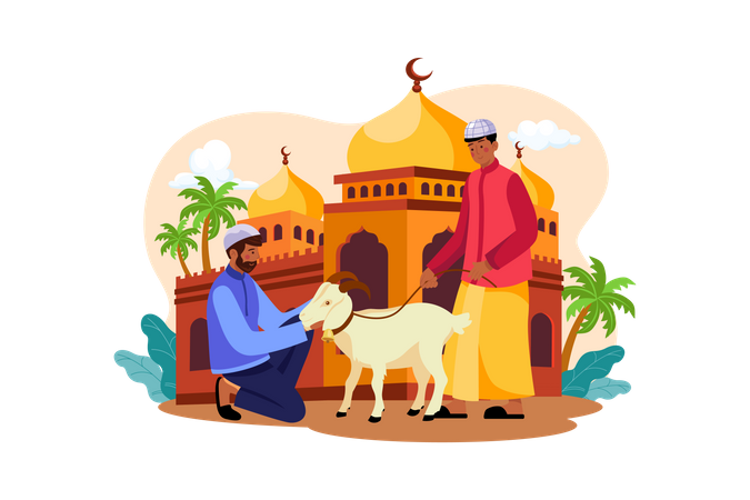 Muslim man purchasing goat for eid  Illustration