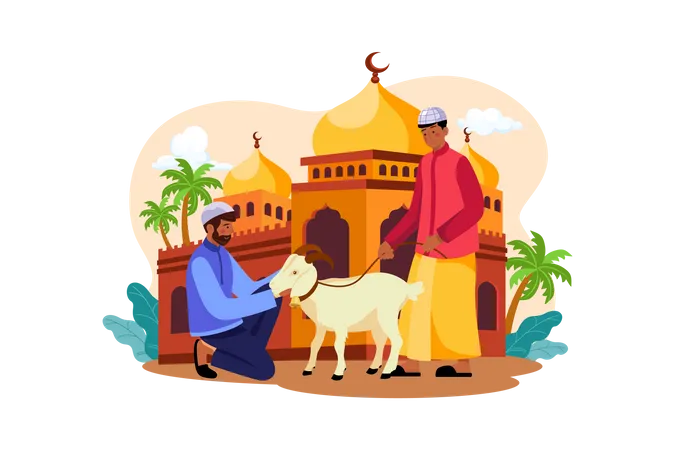 Muslim man purchasing goat for eid Illustration