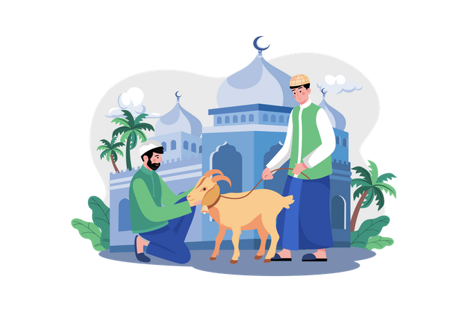 Muslim man purchasing goat for eid  Illustration