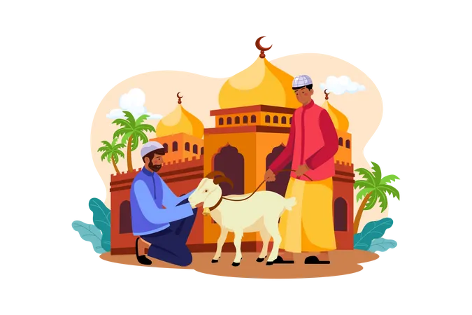 Muslim man purchasing goat for eid  Illustration