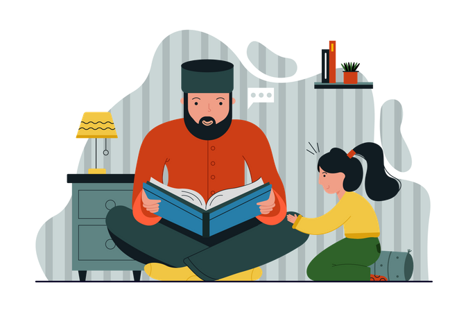 Muslim man reading book with his daughter  Illustration