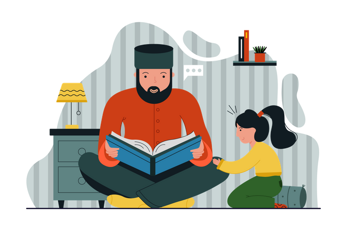 Muslim man reading book with his daughter  Illustration