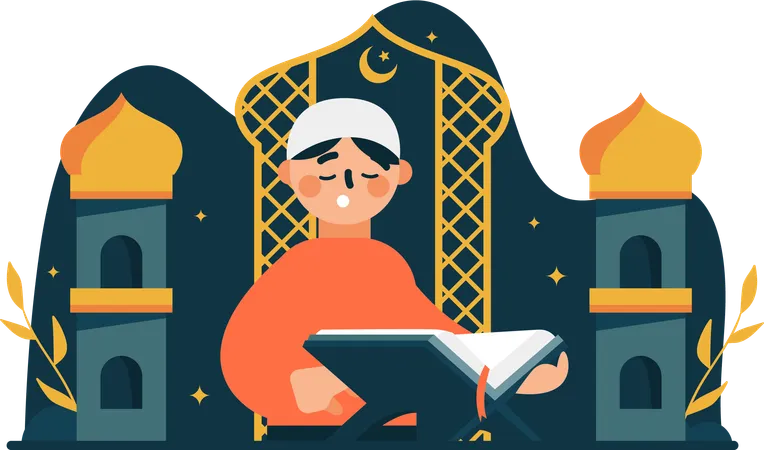 The Illustration Of Man Reading The Quran Is A Visually Appealing Image That Conveys Warm Wishes And Celebration During Eid This Image Can Be Used In Marketing Materials Social Media Posts And Greeting Cards To Connect With Muslim Audiences Illustration
