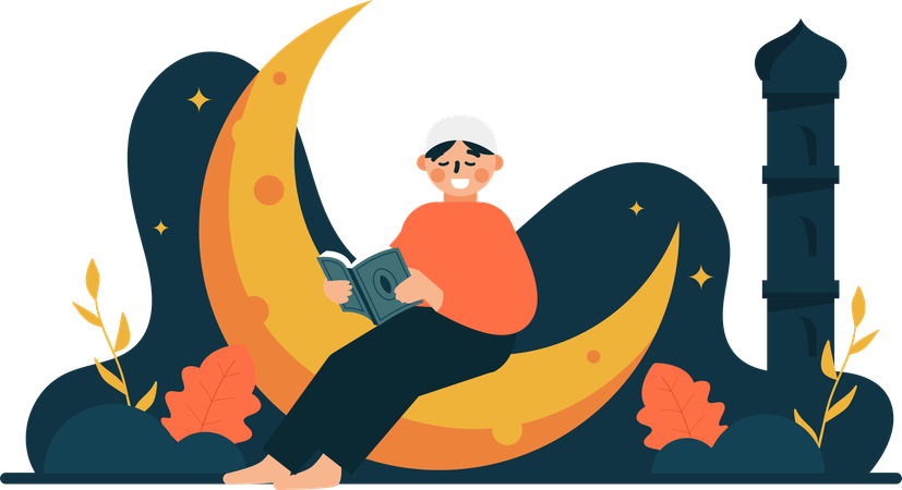Muslim man reading quran at night  Illustration
