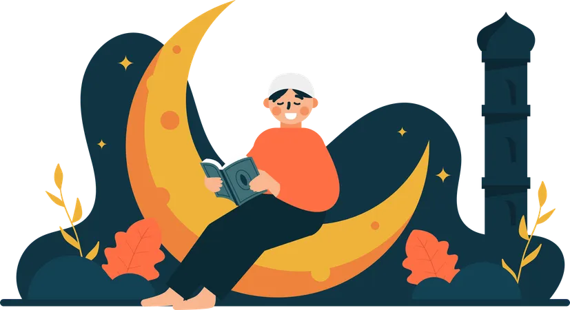 The Illustration Ofman Reading The Quran At Night Is A Visually Appealing Image That Conveys Warm Wishes And Celebration During Eid This Image Can Be Used In Marketing Materials Social Media Posts And Greeting Cards To Connect With Muslim Audiences Illustration