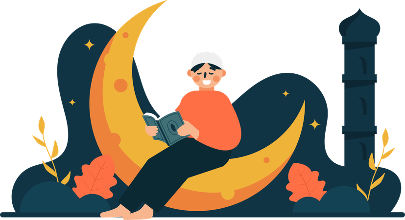 Muslim man reading quran at night  일러스트레이션