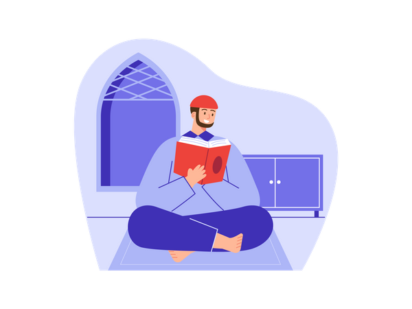 Muslim man reading Quran book  Illustration