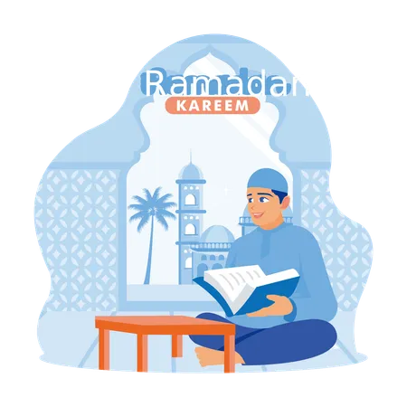 Muslim Man Reading The Quran In The Mosque  Illustration