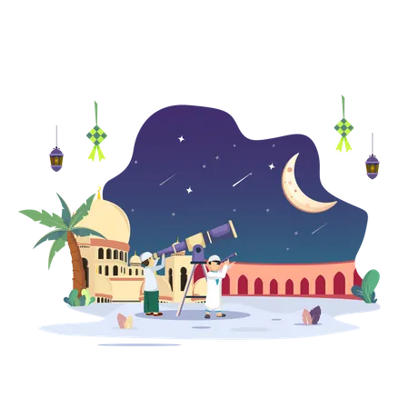 Ramadan Kareem Muslim People Search At The Sky With A Telescope For The New Moon That Signals The Start Of The Holy Month Of Ramadan Vector Illustration Illustration