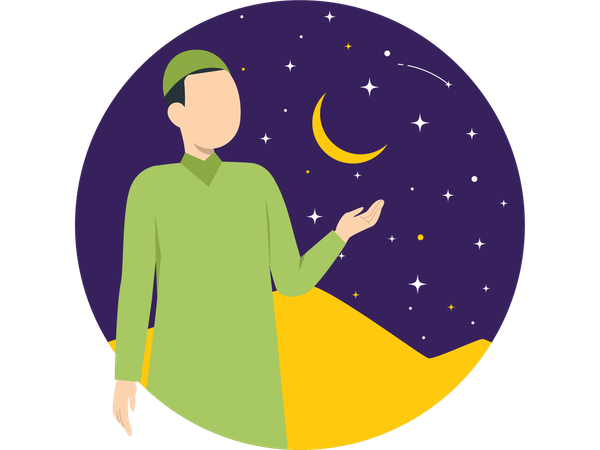 Muslim man Seeing eid Moon  Illustration