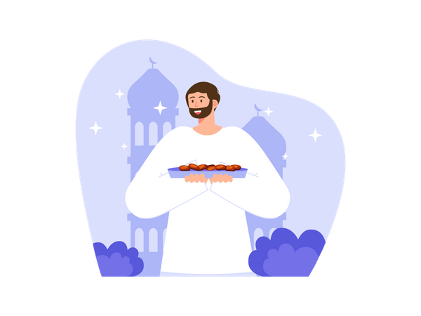 Muslim man serving arabic dates  Illustration