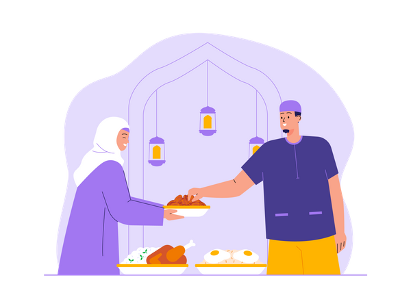 Muslim man serving food in ramadan Illustration
