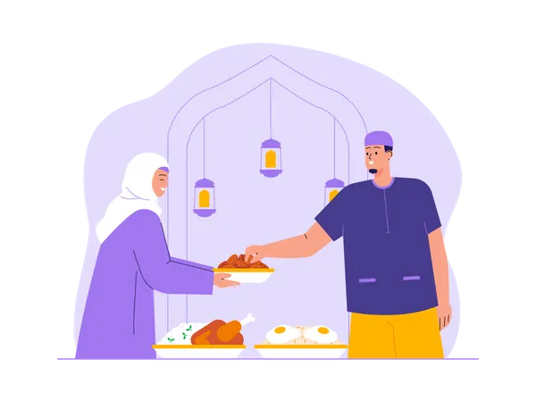 Muslim man serving food in ramadan Illustration